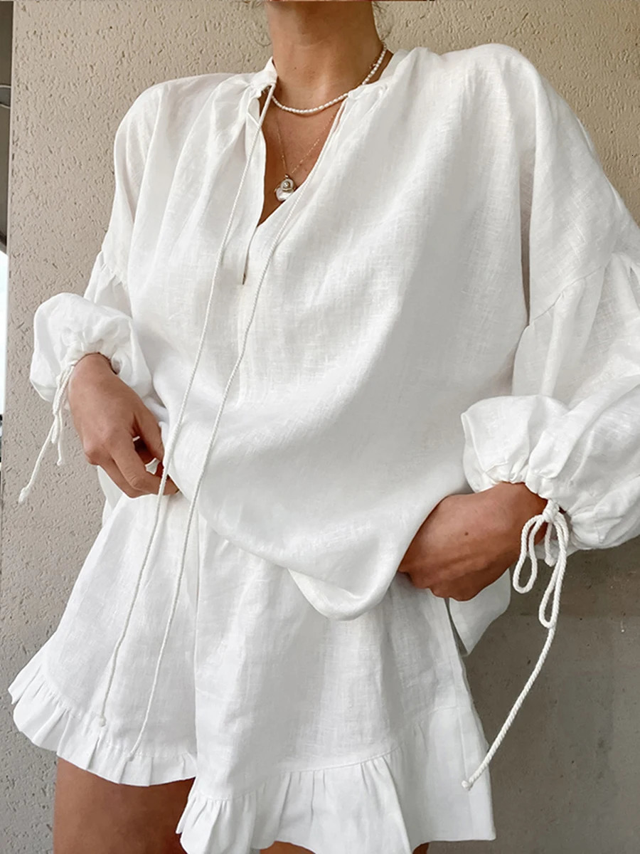 Casual Women s Summer Outfit Stylish Long Sleeve V-Neck Top with Tie-Up Detail and Elastic Waist Shorts Set for a Chic Look 250516