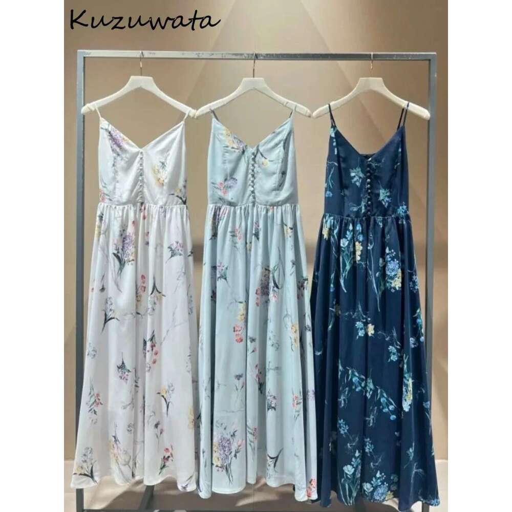 Kuzuwata Sweet Print V Neck Slim Waist Sling Robe High Street Fresh Mid-Length Big Swing Vestido Japan Pullover Ruched Dresses Designer