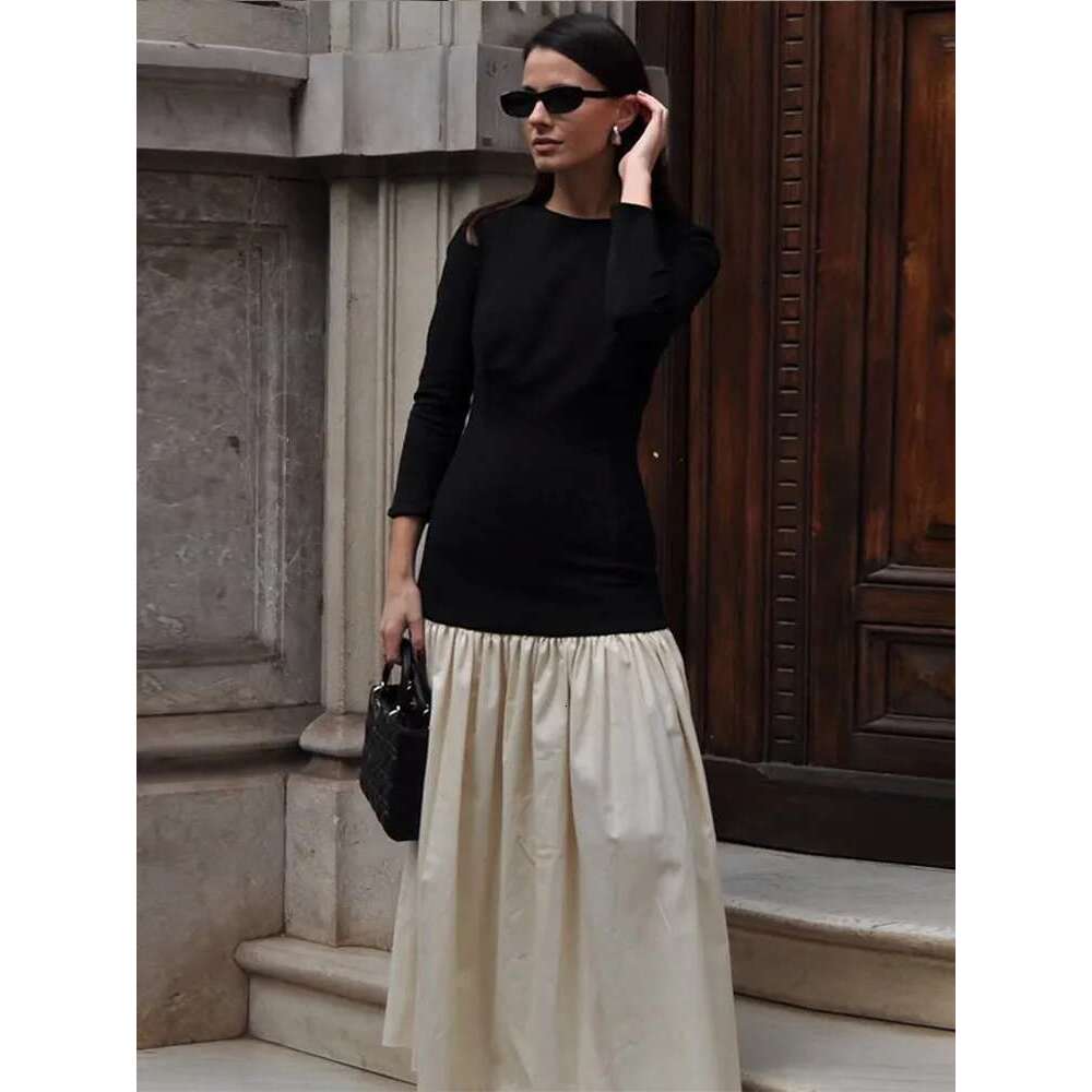 Fashion Contrast Splicing Pleated Long Dress For Women Casual Round Neck Loose Cropped Vestido 2025 Lady High Street Robe Spring Designer