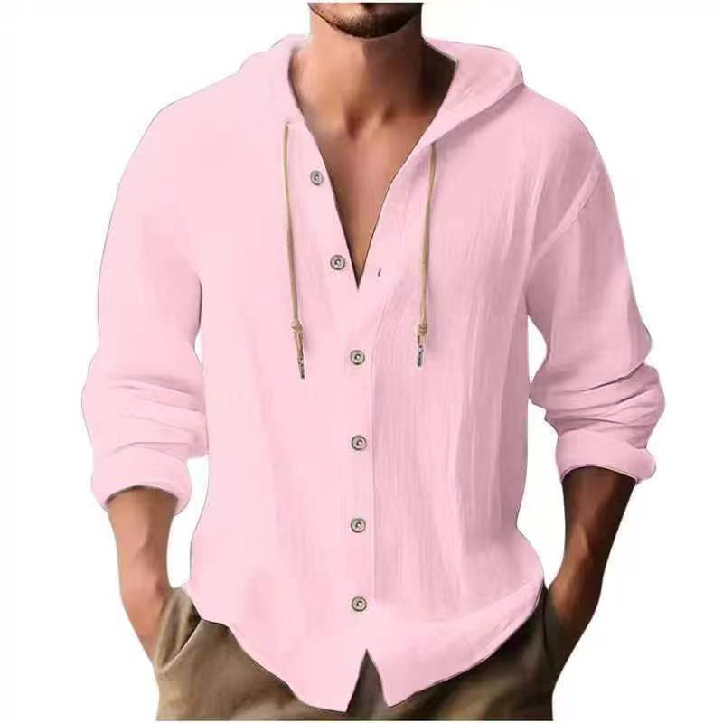2025 New Spring Summer Men's Hooded T-Shirt Pure Color Cotton Linen Men's Casual Long-Sleeved Top