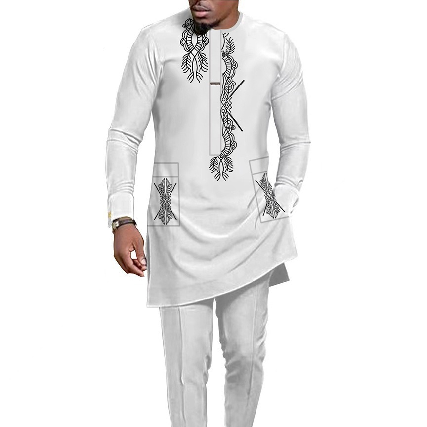 Designer Clothing Muslim Ethnic Printed Traditional Robe Set Splicing Men's Shirt With Pants 2025 New Style