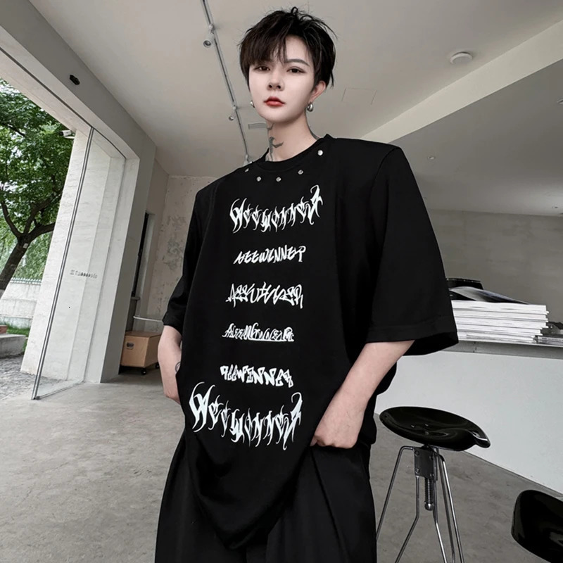 LUZHEN Metal Printed Short Letter Sleeved Rivet T Shirts Decorate n Trendy Summer Shoulder Pad Mens Street Tops LZ9726 250520