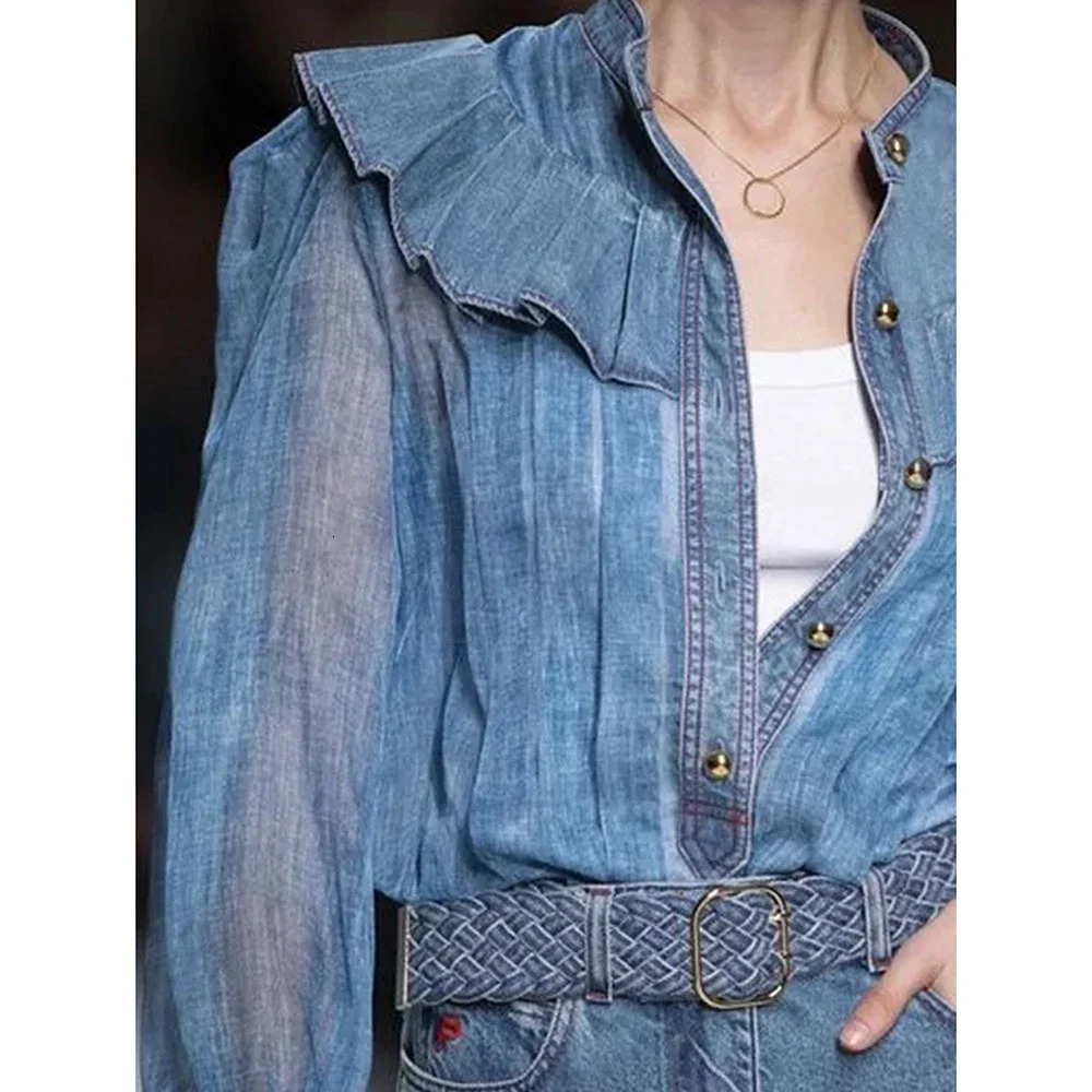 Elegant Denim Ruffle Women Shirts Round Neck Patchwork See Through Lace Long Sleeve Single Breasted Cardigans Spring Female Tops 250520