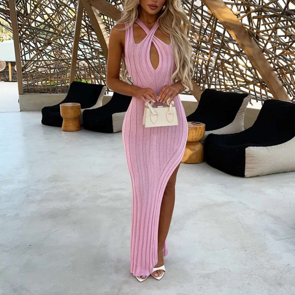 Halter Dress Summer New Sexy Fashion Tight Solid Color Knitted Pit Strip Side Split Dress Women S Wear Maxi Dress