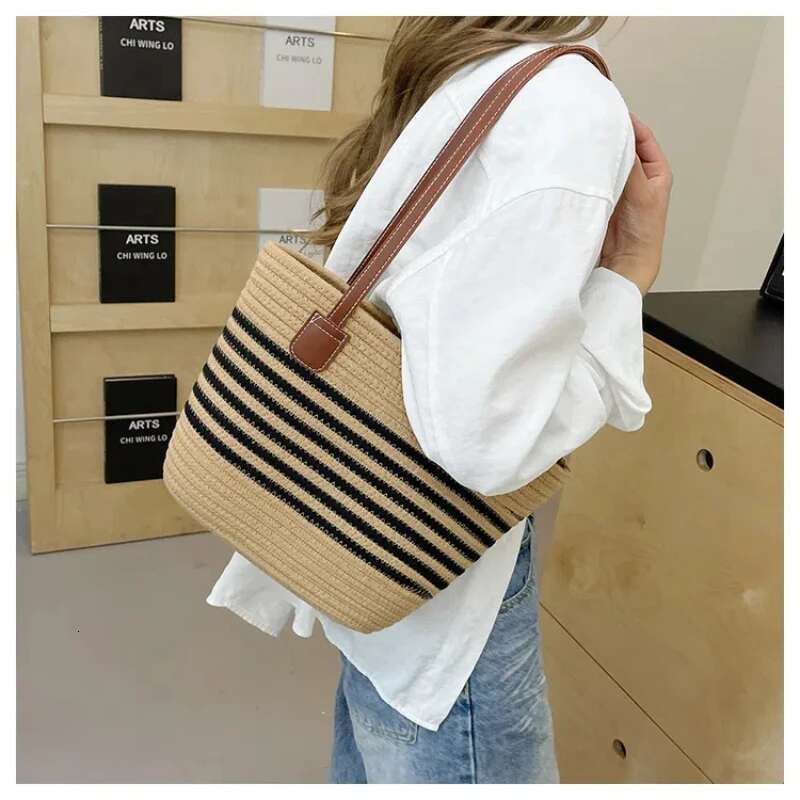 Striped Design Straw Tote Large Capacity Beach Boho Style Handbag Fulfilment Shopping Handbags For Women Shoulder Bag