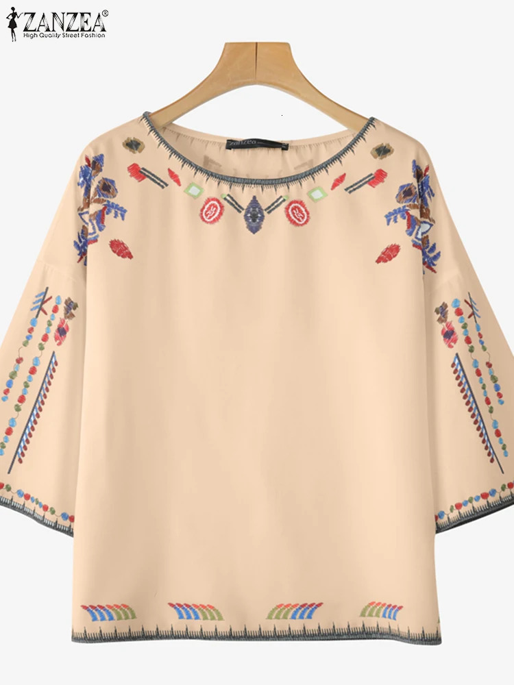 ZANZEA Summer Woman Ethnic Style Printing Blouses Casual Loose 34 Sleeve ONeck Blusas Mujer Vacation Everyday TShirts 250520