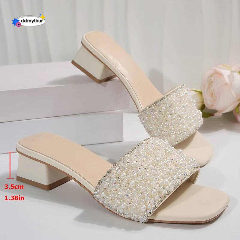 Pearl Decor Chunky Heel Sandals Women Fashion Square Toe Summer Slippers Woman Plus Size Comfort Slip On Sandalias Mujer 2025 ddmythur