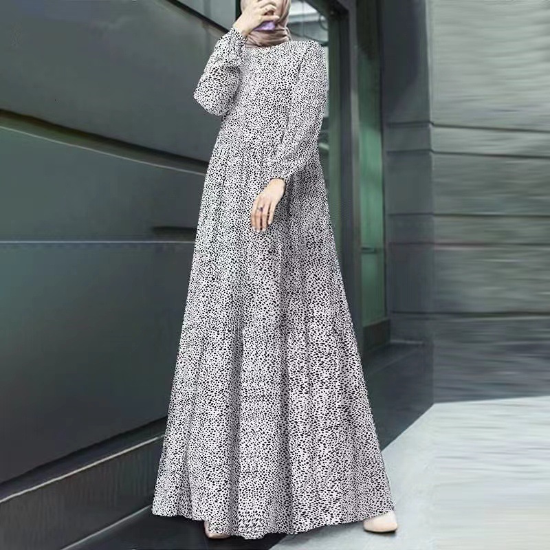 2025 Designer Fashion Muslim Comfortable Casual Polka Dot Sleeve Pullover Loose Waist Long Dress