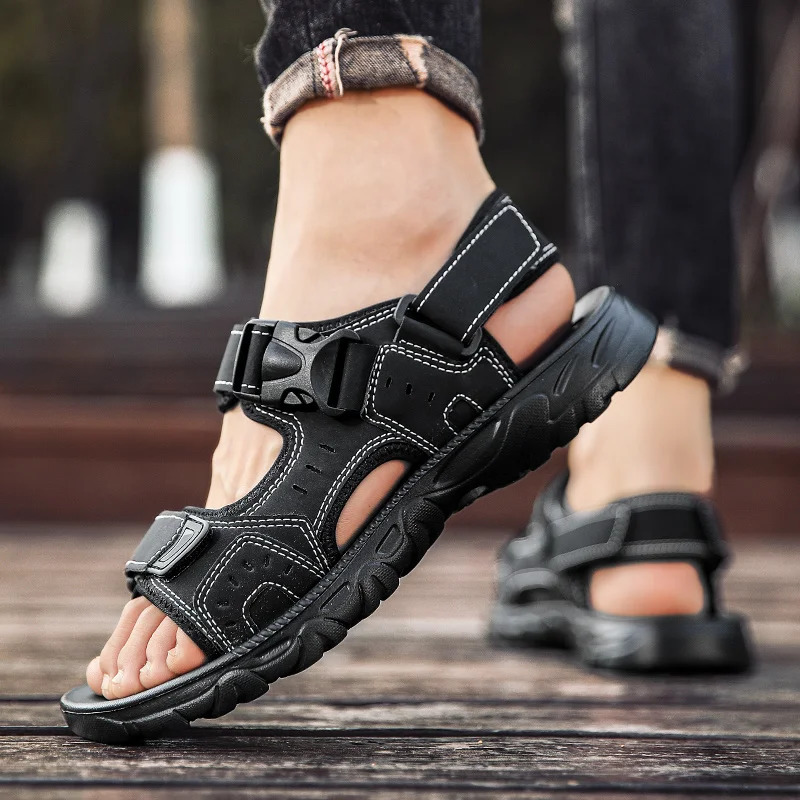 Summer Men Sandals PU Leather Lightweight Open Toe Flat Mens Casual Shoes Outdoor Walking Sandals for Men Beach Shoes Size 39-46 250515