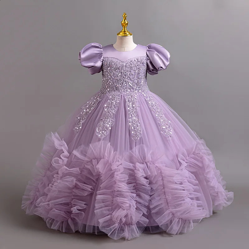 Girls Pearl Puff Sleeve Princess Dress 4-12 Years Old Fashionable Embroidered Puff Skirt Carnival Birthday Party Evening Dress 250519
