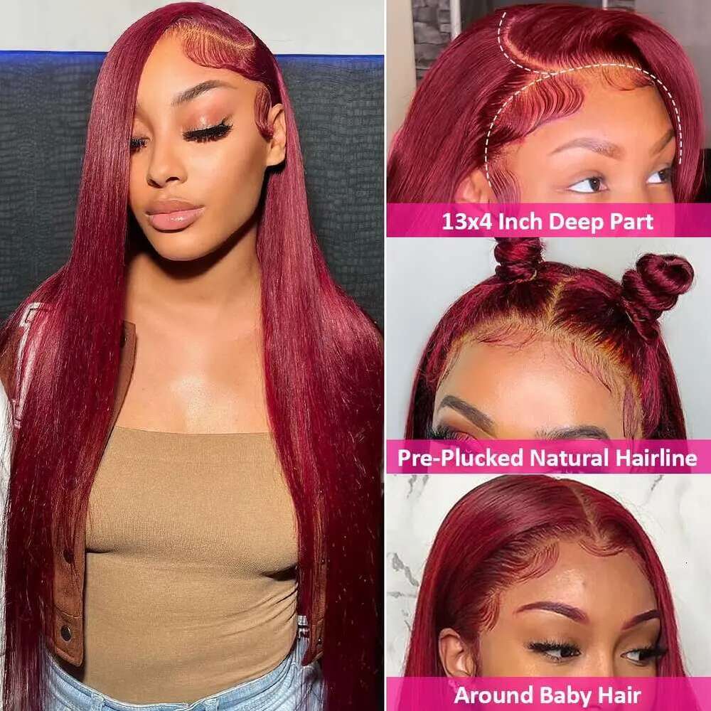 99J Bury Colored Straight HD Front Wig 100% Brazilian Human Hair Pre Plucked Wine Red 13x4 Lace Frontal Wigs