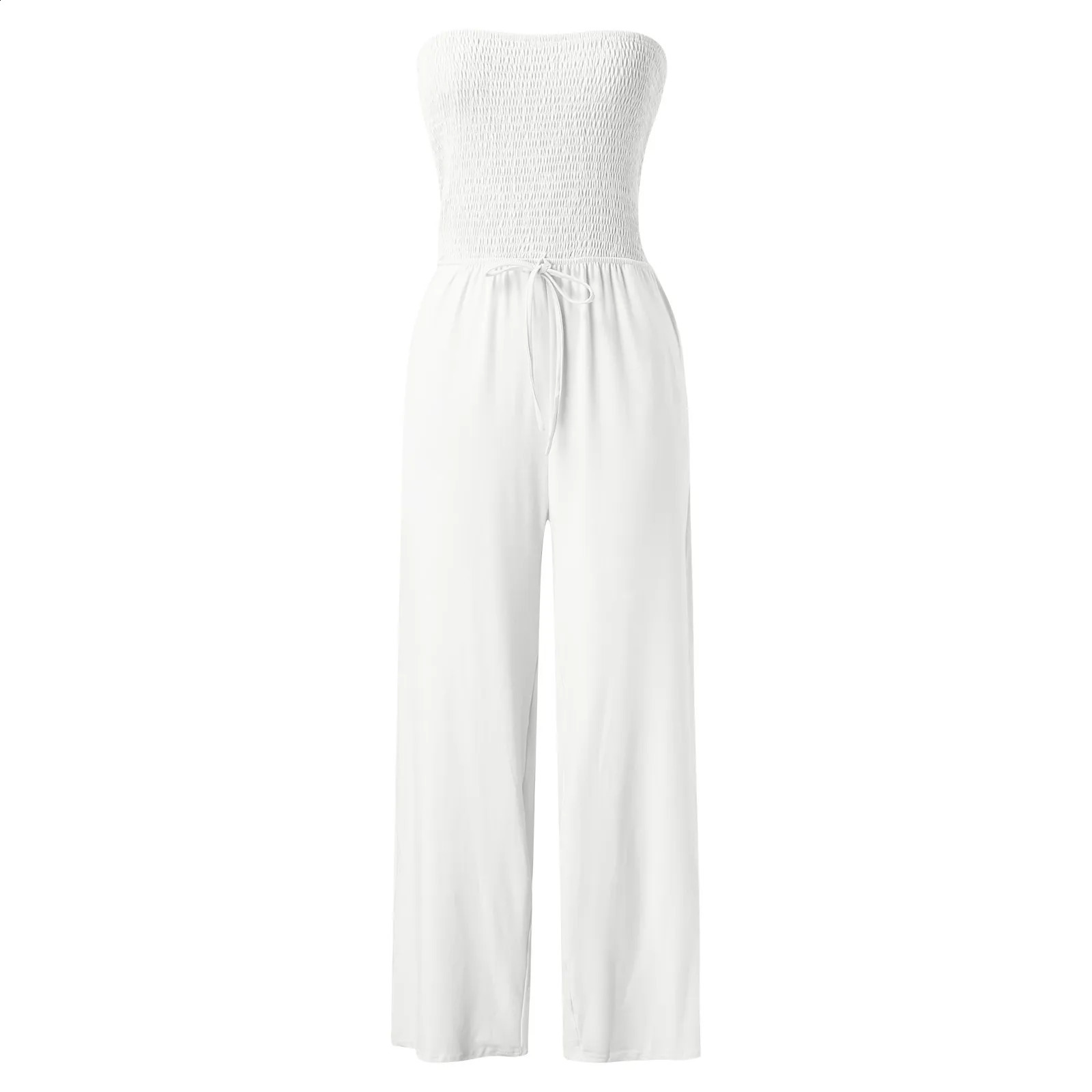 Sexy Strapless Straight Jumpsuits Womens Ruched Lace Up Wide Leg Overall Streetwear Solid Color Long Casual Romper 250519