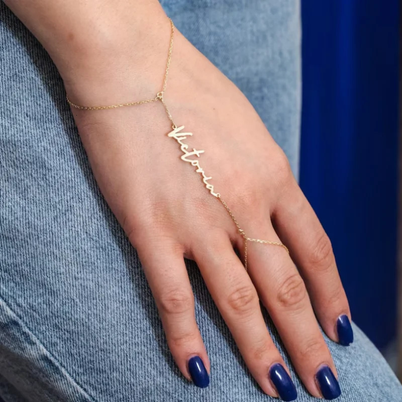 Stainless Custom Name Word Hand Chain Ring Finger Bracelet Personalized Your Name Customized Handwriting Bracelet Women Gift 250520