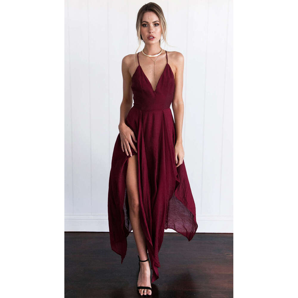 Halter Dress Nightclub Sexy V Neck Backless Sleeveless Camisole Asymmetrical Dress Maxi Dress
