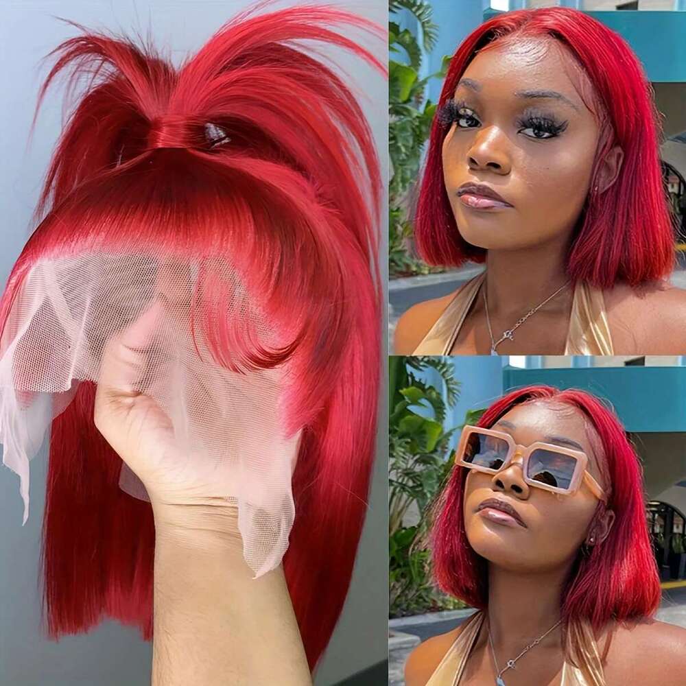 13x4 Red 150% Density Straight HD Transparent Lace Front Wigs Human Hair Colored Bob Wig