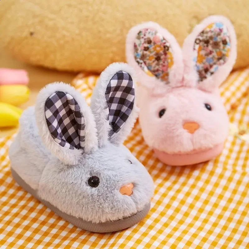 Children Indoor Slippers Winter Warm Cotton Shoes Kids Home Floor Slippers Cartoon Rabbit Anti-slip Boys Girls Plush Footwear 250519