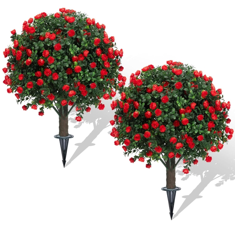Artificial Rose Boxwood Topiary Ball Bush for Outdoor with Ground Spike 22" UV Resistant Faux Greenery Shrubs
