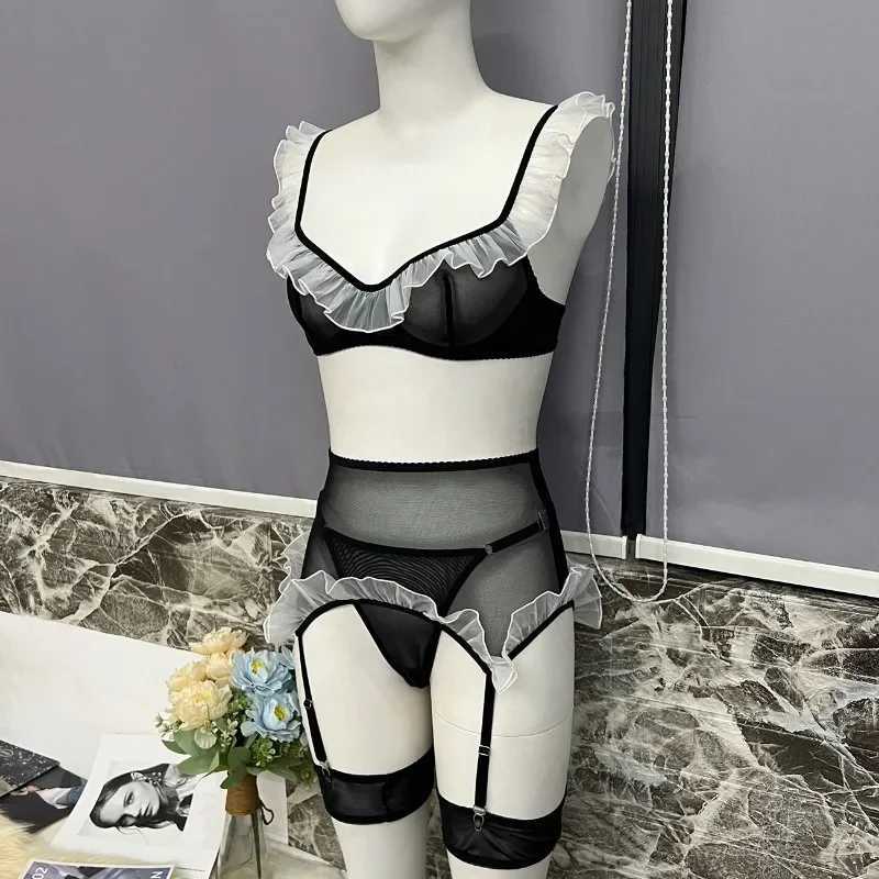Sexy Lingerie Suit Mesh Splicing Role-playing Sexy Lingerie Set for Women Frill Contrast Color Underwear Set New R250520
