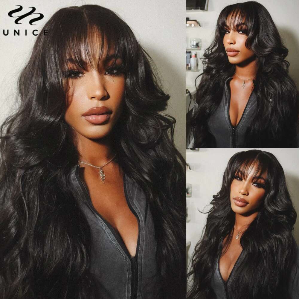 Fluffy Loose Wave Wig With Curtain Bangs 7x5 Cut Pre Bleached Glueless Wigs Human Hair Ready To Wear 180% Density