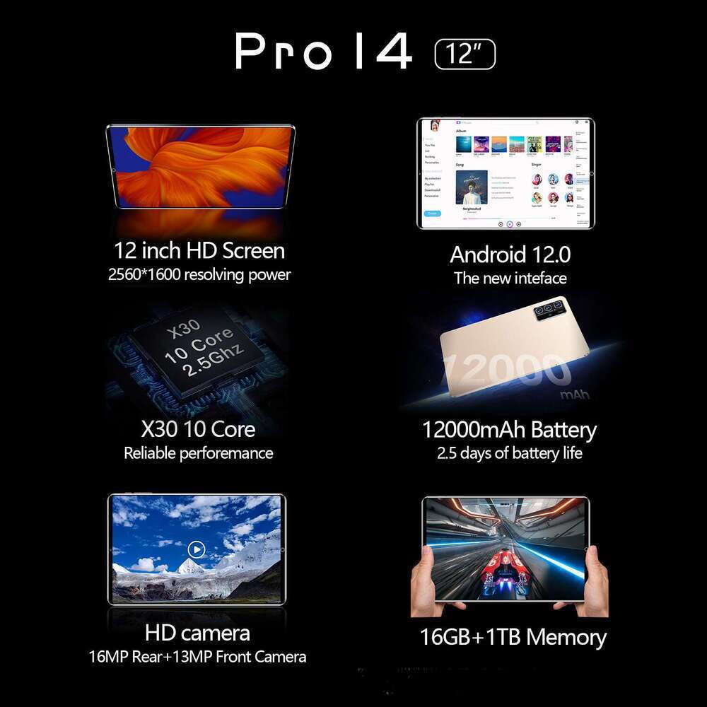 Hot selling Android Pro14 12 inch tablet 16+1T Android SIM Dual Standby Large Screen Touch Mobile Computer Two In One