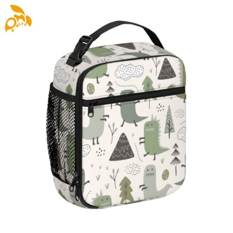 Free shipping designer custom-made round beige, white and black semi-long lightweight portable hand-held insulated lunch bag for adults.