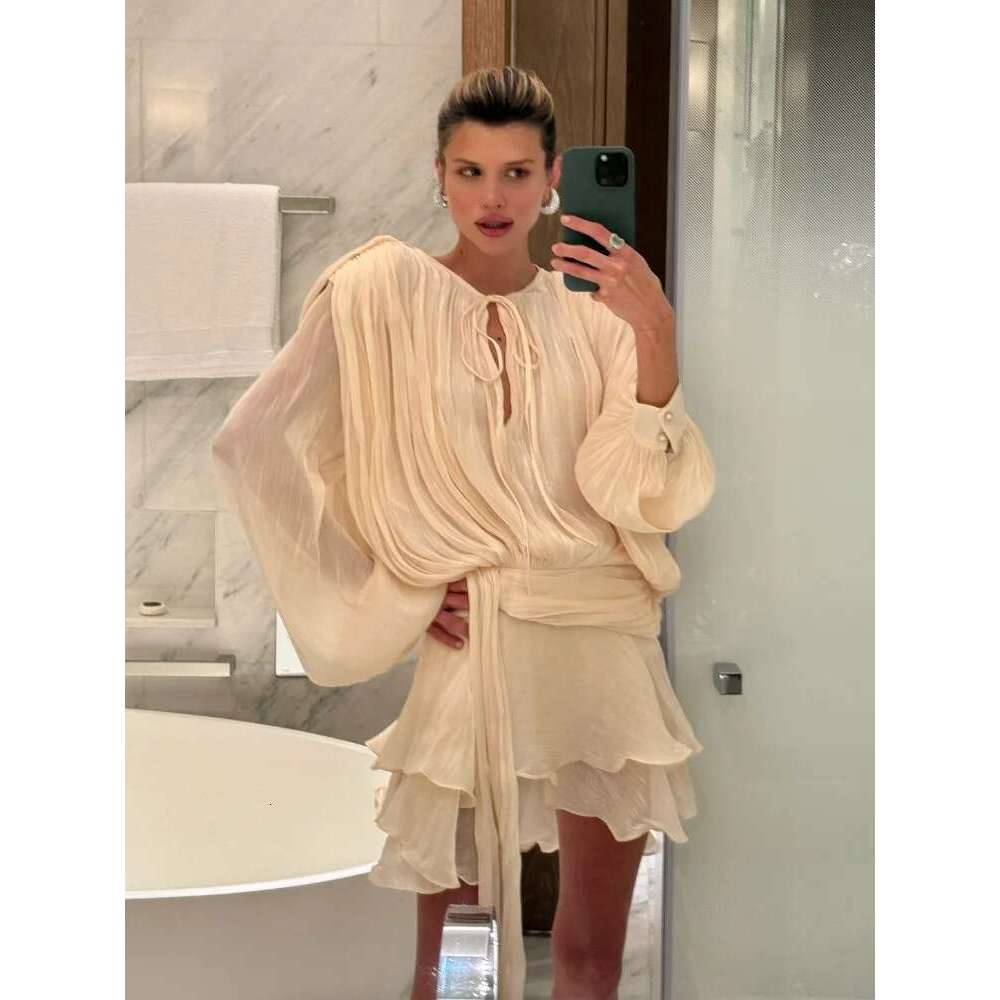 Fashion Women's Ruffles Short Dress Elegant Round Neck Lace Up Lantern Long Sleeve Mini Vestido Chic Female 2025 Solid Dresses Designer