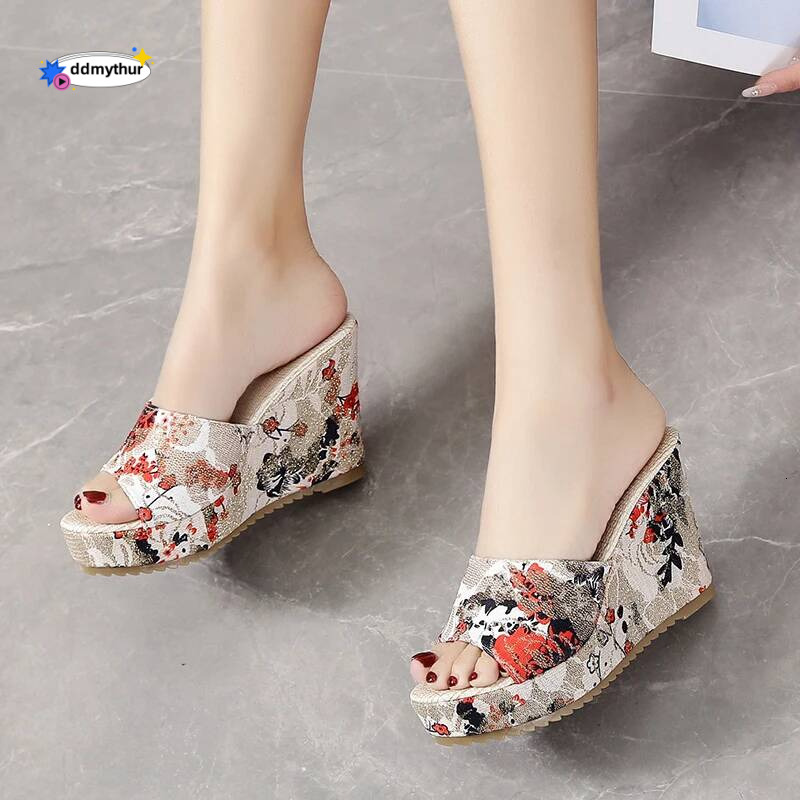 Women Fashion Shoes Casual Flip Flops Summer Vintage Floral Print Peep Toe Wedge Slippers Zapatos De Mujer ddmythur