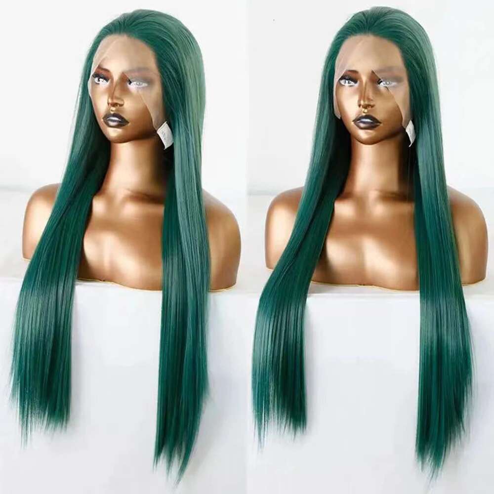 Dark Synthetic Long Straight Lace Front Silky Hair Glueless For Women Natural Hairline Green Wig Cosplay