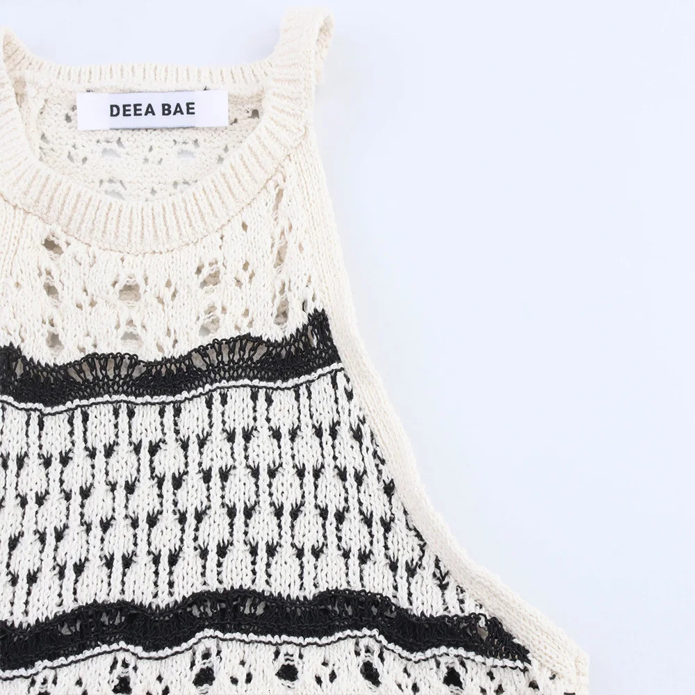 Classic Black White Contrast Color Sleeveless Striped Texture Hollow Out n Women Slim Mini Halter Dress ZATT Spring 250520