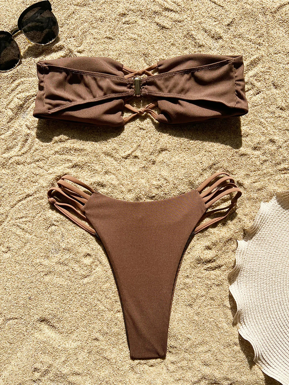 S - XL Ribbed Bandeau High Leg Cut Bikini Female Swimsuit Women Swimwear Two-pieces Bikini set Bather Bathing Suit Swim K6058 250516