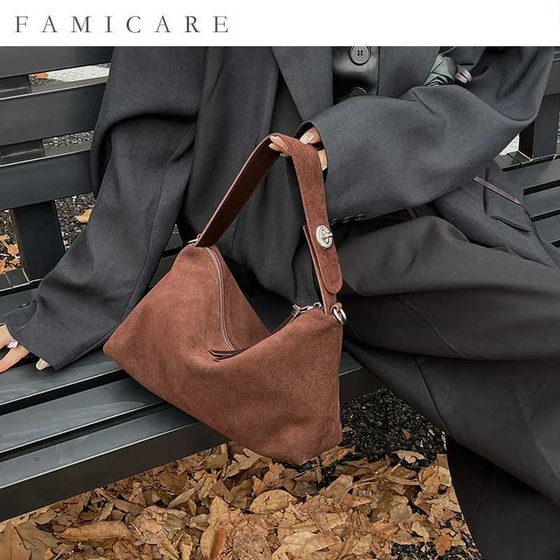 Women Suede Bag Female Retro Frosted Cowhide Split Leather Armpit Shoulder Bag Lady Handbag Trendy Crossbody Messenger M250520