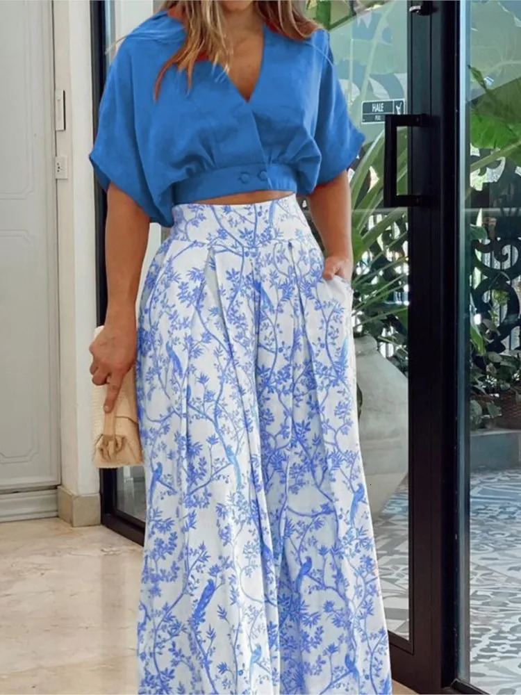 Women Fashion Set Short Sleeve V-Neck Top 2 Piece Sets Lady Casual Pockets Print High Waist Wide Leg Pants Two Piece Sets Summer 250516