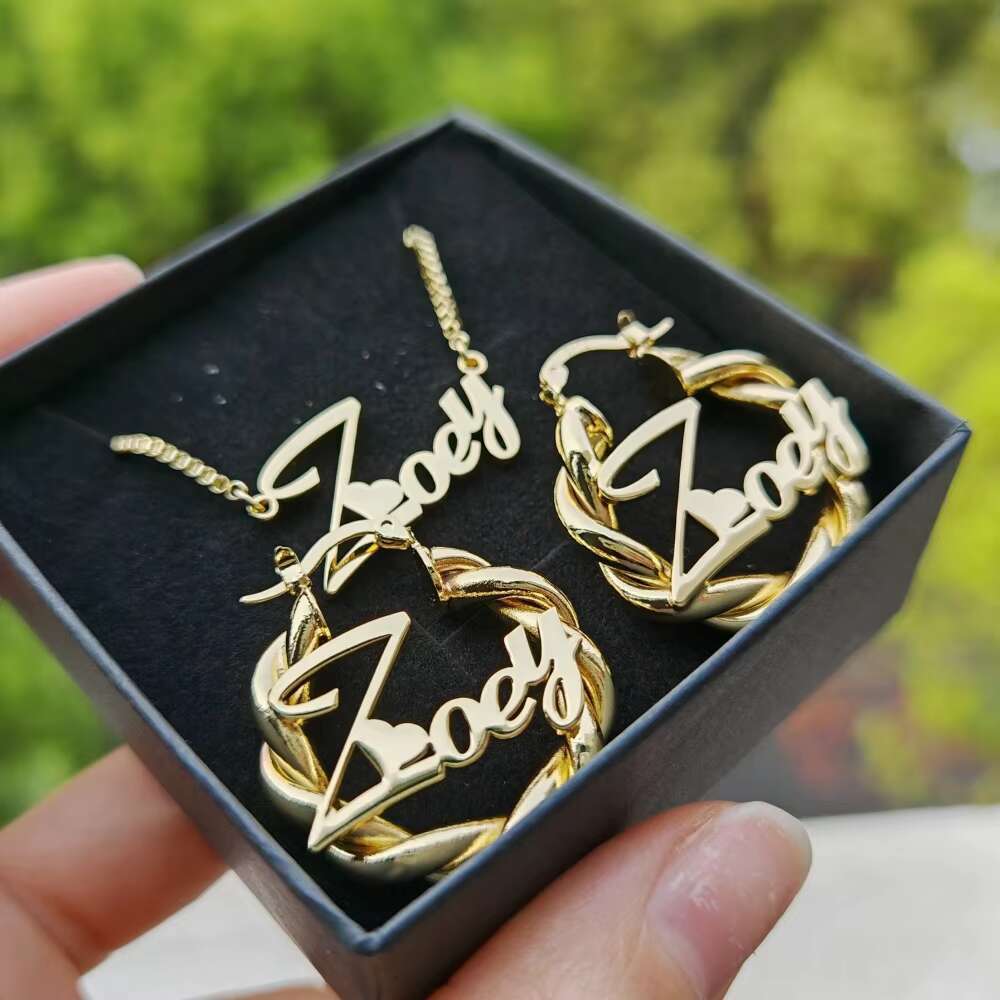Autumn Cold Stainless Steel 2pcs Necklace with 27mm Twisted Ring Earrings Personalized Name Jewelry Set Cute Gift