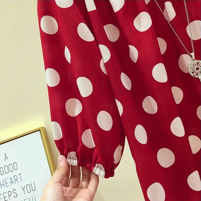 Red Polka Dot Print Chiffon Slash Neck Short Sleeve Loose Womens Blouse Shirt Korean Fashion Female Clothing Tops Summer 250520