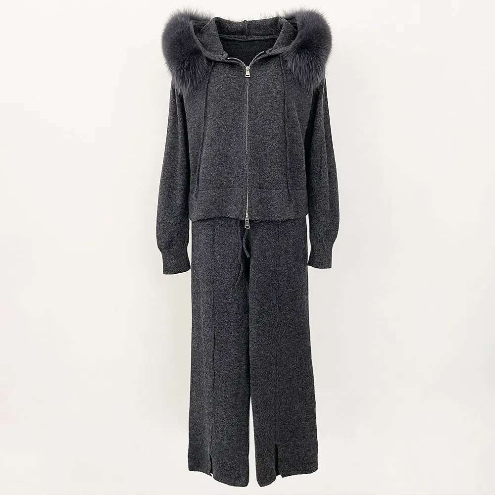 OFTBUY Knitwear Trousers Hooded Jacket With Detachable Fox Collar Fur Coat 2024 Autumn Winter Fashionable Sweater Suit Women