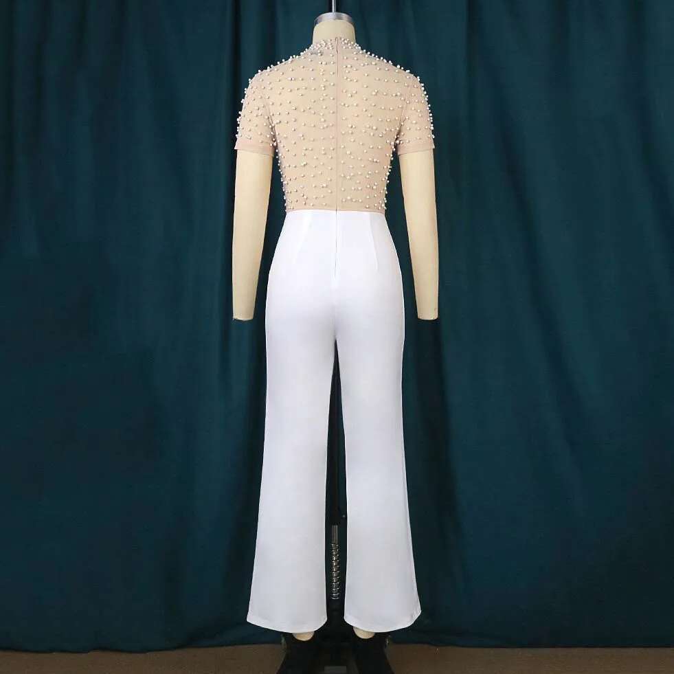 Elegant Jumpsuits & Rompers For Women O Nec Short Sleeve Beaded High Waisted Female Birthday Dinner Party Overalls Outfit
