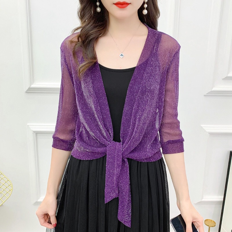K779 Summer gold and silver silk women's cardigan with mesh cape, large size lace and waistcoat, sun protection cape, air conditioning shirt