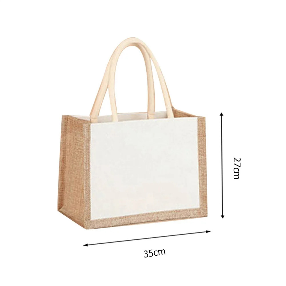 Women Burlap Jute Tote Bag Large Capacity Canvas Casual Shopping Bag Contrast Color Ladies Outdoor Handbag 250516