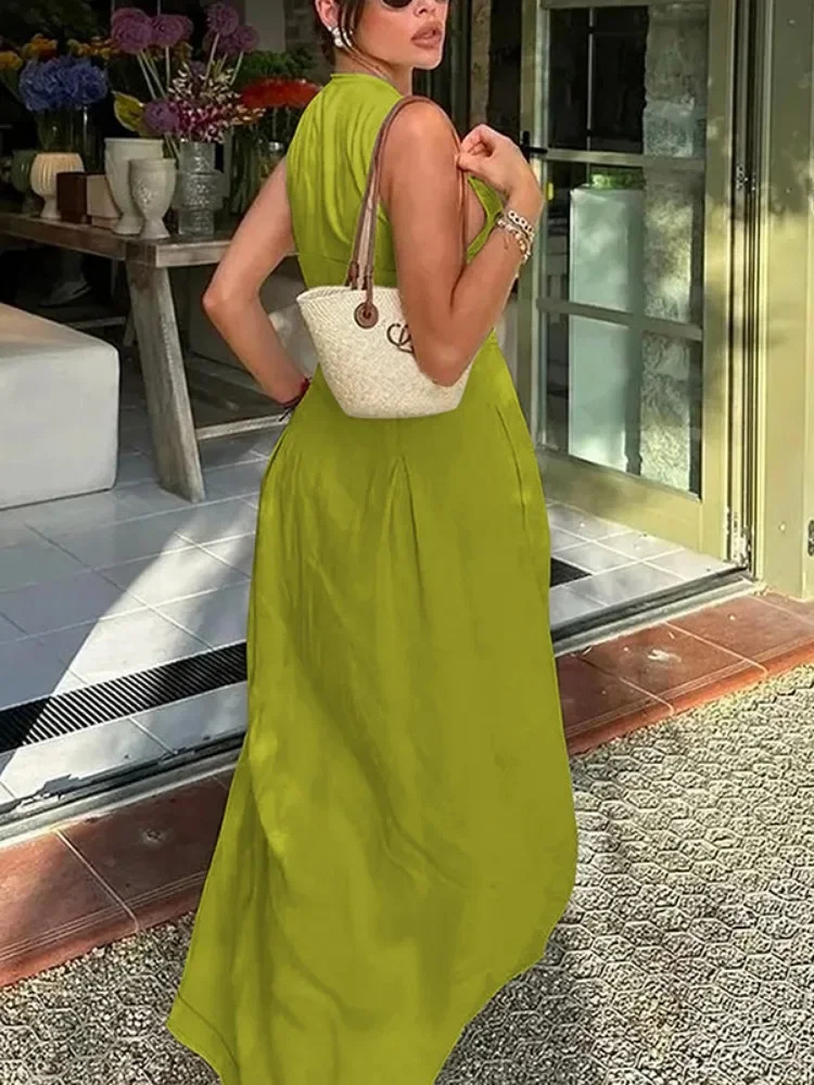 UOOZEE Office Lady Commute Pleated Aline Dress Summer Fashion Solid Color Sleeveless Zipper Evening Maxi Dresses 250520