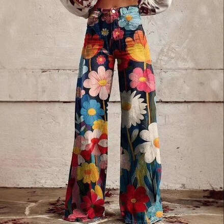 Women's oversized imitation denim 3D printed casual wide leg pants, flared pants