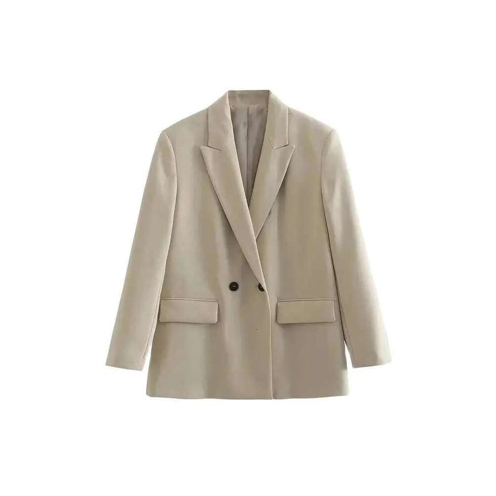 TRZA Women Fashion Double Breasted Loose Fitting Blazer Coat Vintage Long Sleeve Pockets Female Outerwear Chic Veste Femme
