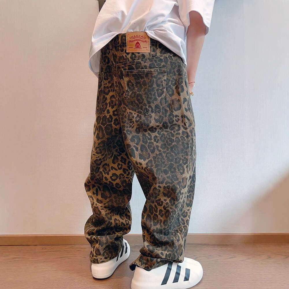 American style design, niche workwear, leopard print, loose casual, versatile denim pants, men's INS