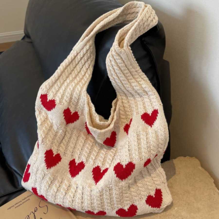 Knitted Love Tote Bag Early Autumn New Small Fresh Simple Fashion Knitted Bag Personalized Western Shoulder Bag