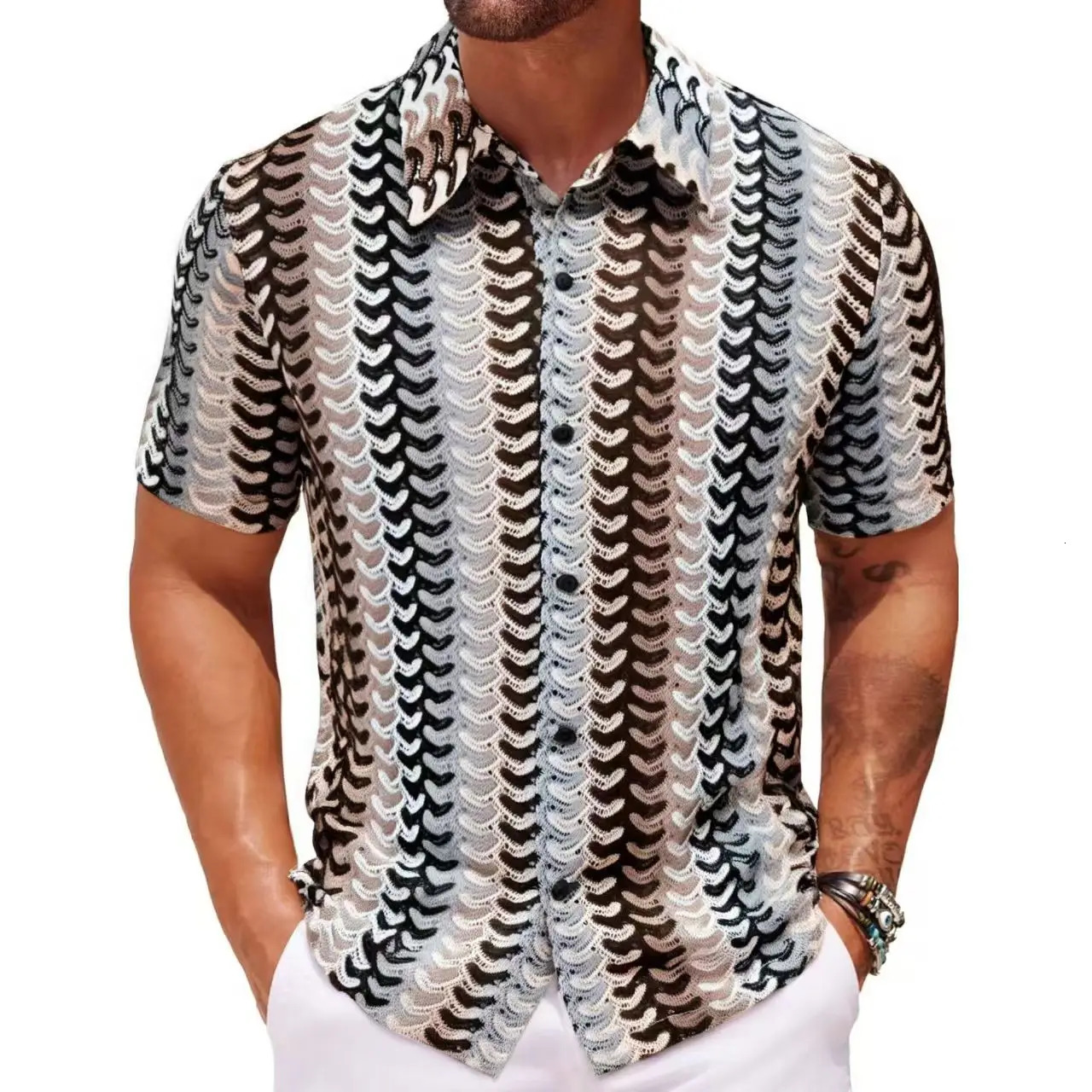 Spring Summer Fashion Beach Casual Mens Shirts Knitting Cardigan For Men Vintage Striped Colorful Hollow Breathable Lapel Shirt 250520