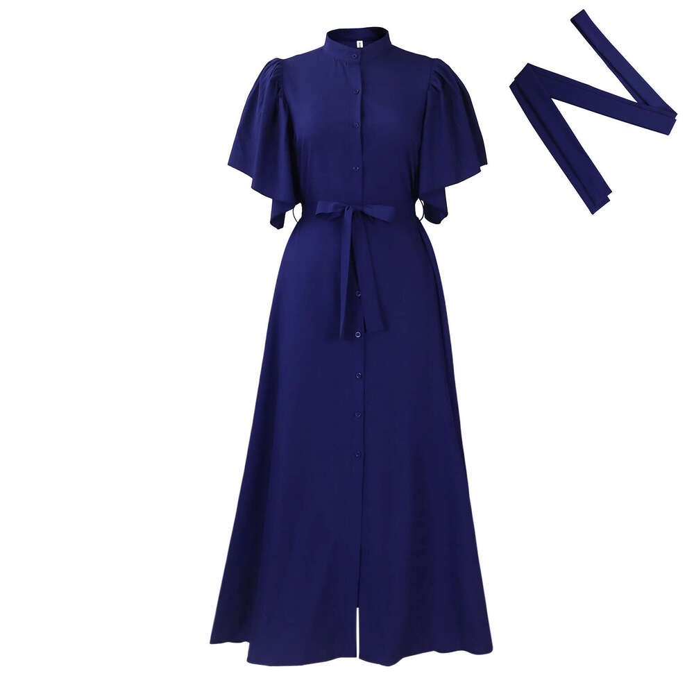Women's Wear D3270- Summer Fashion Flare Sleeves Single Breasted Belt Loose Waist Long Dress