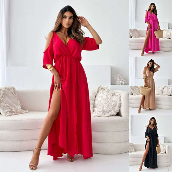 Halter Dress V Neck Skirt Slit With Off Shoulder Sleeves And Sexy Suspender Dress Maxi Dress