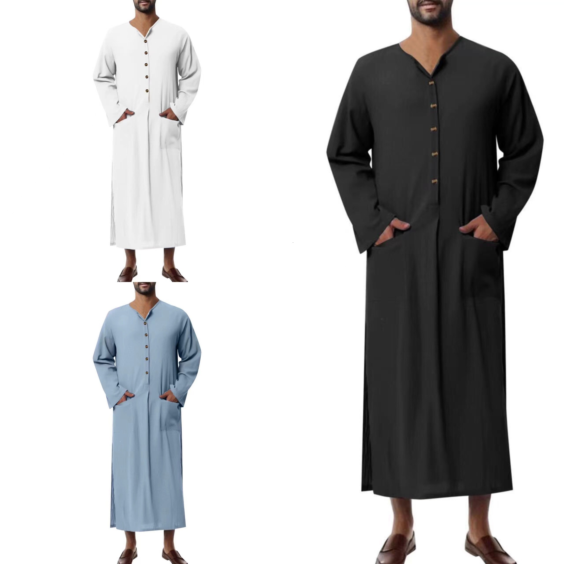 Male 2025 New Designer Clothing Muslim Arab Malaysian Casual Button Solid Color Long Sleeved Pocket Loose Robe
