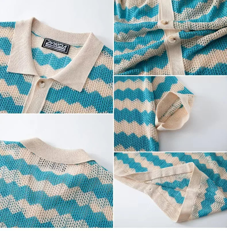 Summer Fashion Mens Knitting Shirts Vintage American Hollow Jacquard Corrugated Knit Cardigan Tops Men Buttoned Lapel Shirt 250520