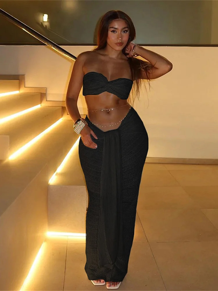 Weird Puss Thin Striped Knot Women 2 Piece Set Midnight Elegant Strapless TopsBandage Skirts Vacation Matching Clubwear 250520