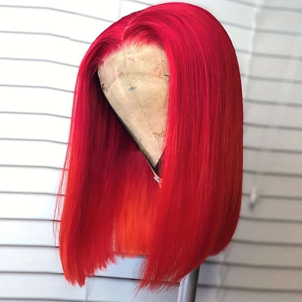 13x4 Red 150% Density Straight HD Transparent Lace Front Wigs Human Hair Colored Bob Wig